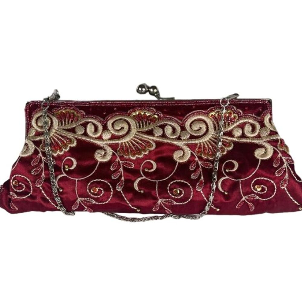 Elegant Burgundy Embroidered Clutch